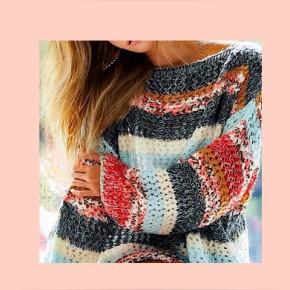 BiBi Multicolor Striped Open-Weave Crewneck Sweater